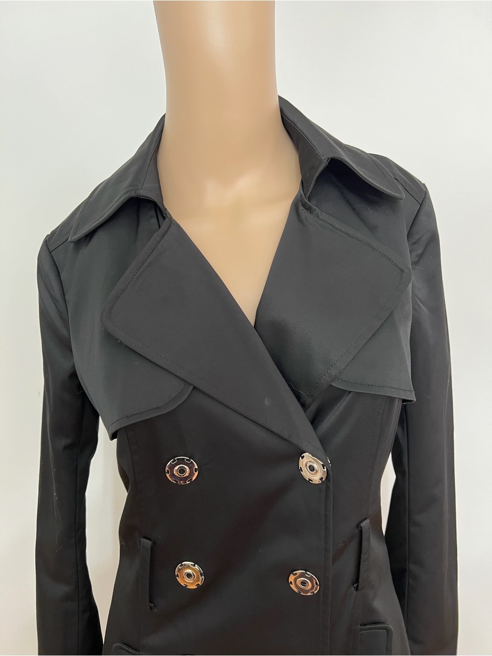 Bebe Black Satin TrenchCoat with Pockets - Picture 2 of 4